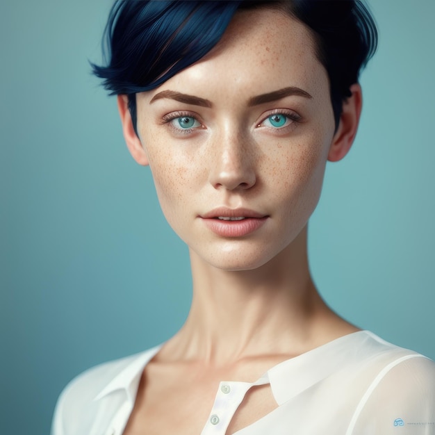 Une femme aux yeux bleus et une chemise blanche