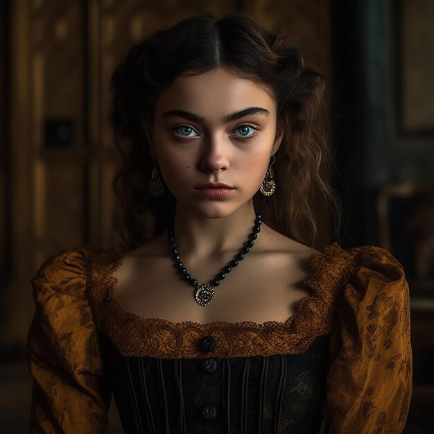 une femme aux yeux bleus et un collier de perles d'or pose devant un grand mur de bois.