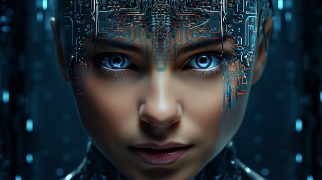 une femme aux yeux bleus dans un décor futuriste