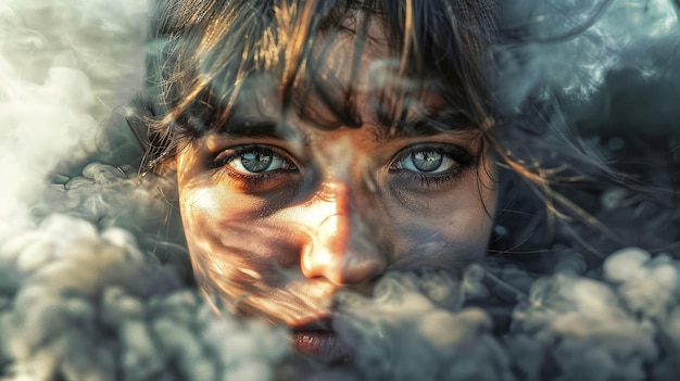 Une femme aux yeux bleus entourée de fumée