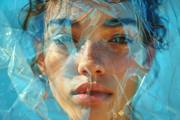 Photo femme aux yeux bleus et une enveloppe en plastique autour de la tête