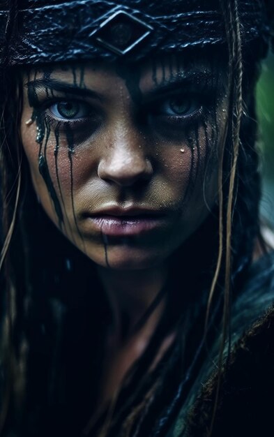 Une femme aux yeux bleus et un fond sombre avec des gouttes de pluie sur ses yeux