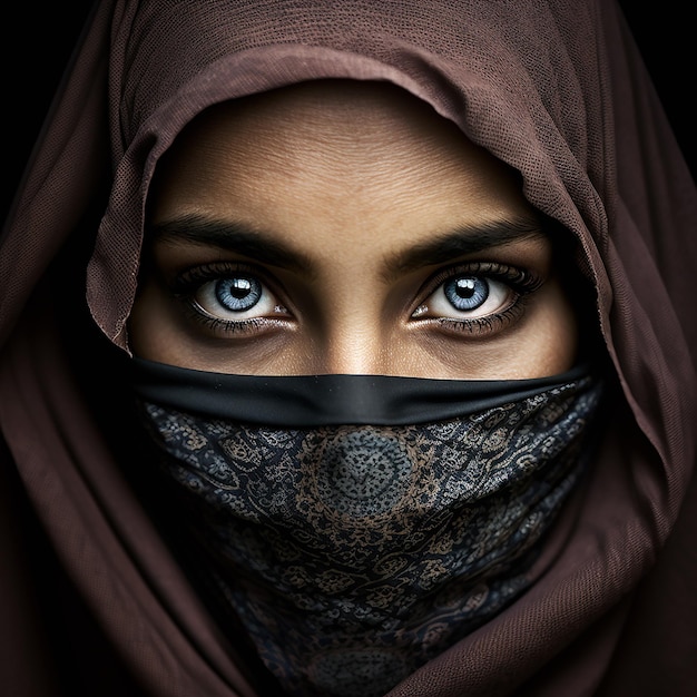 Une femme aux yeux bleus et un foulard couvrant son visage
