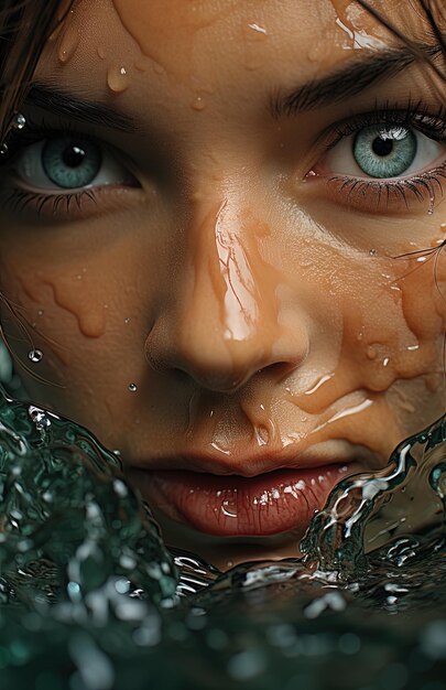 Photo une femme aux yeux bleus et une goutte d'eau dans la bouche