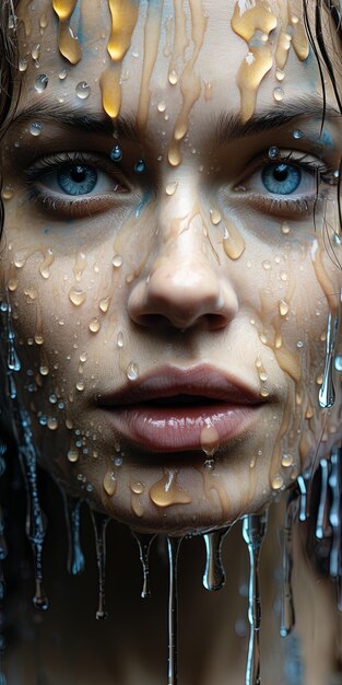 une femme aux yeux bleus et des gouttes d'eau sur le visage