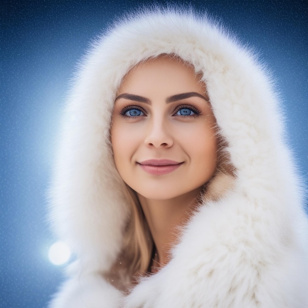 Une femme aux yeux bleus et un manteau de fourrure blanche