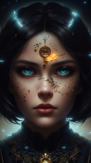 Une femme aux yeux bleus et une pièce d'or sur le front