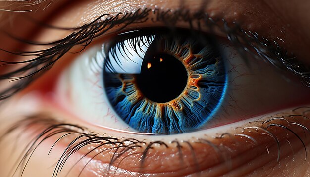 Photo femme aux yeux bleus regardant la caméra avec un gros plan de son iris généré par l'intelligence artificielle