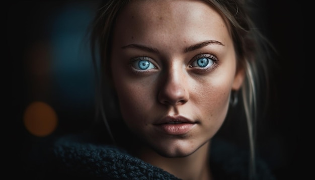 Une femme aux yeux bleus regarde la caméra.