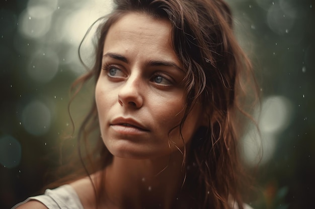 Une femme aux yeux bleus regarde la caméra.