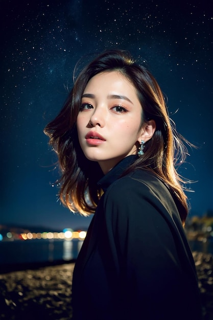 Photo une femme aux yeux bleus se tient devant un ciel nocturne.