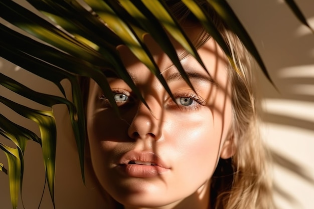 Une femme aux yeux bleus se tient devant une feuille de plante.