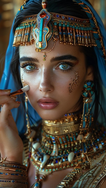 une femme aux yeux bleus et un voile bleu est peinte avec le mot quote elle est peinte sur son visage