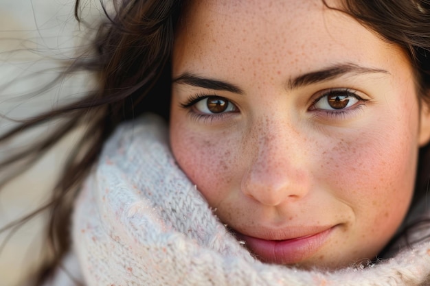 Une femme aux yeux bruns et au nez rouge porte un foulard blanc.