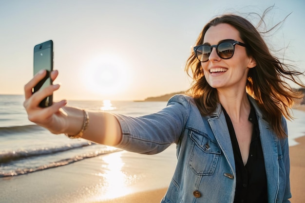 Femme aux yeux fermés prenant un selfie sur la plage dans l'optimisme bien-être et les concepts de succès