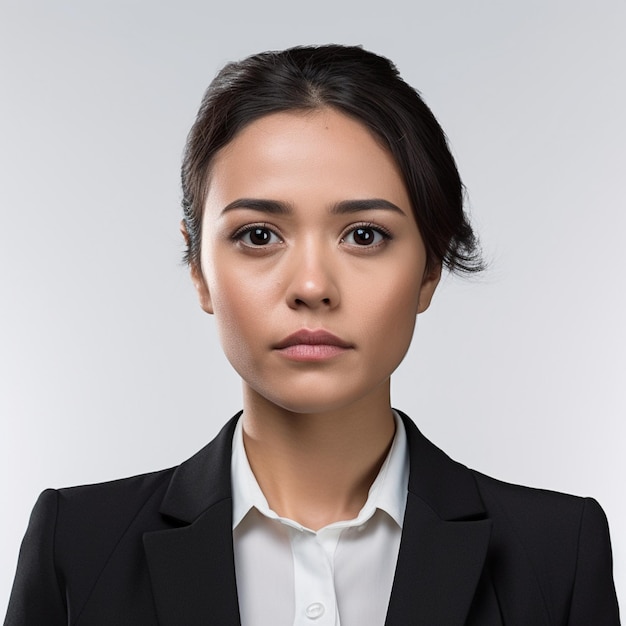 une femme aux yeux marrons et une veste noire