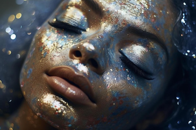 une femme aux yeux peints avec de la peinture dorée.