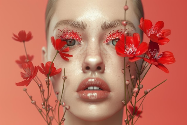 une femme aux yeux rouges et une fleur rouge au premier plan