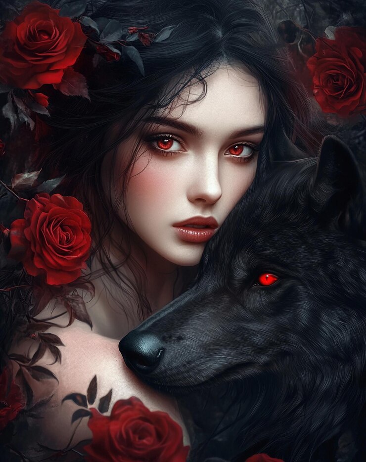 une femme aux yeux rouges et un loup noir aux yeux rouge
