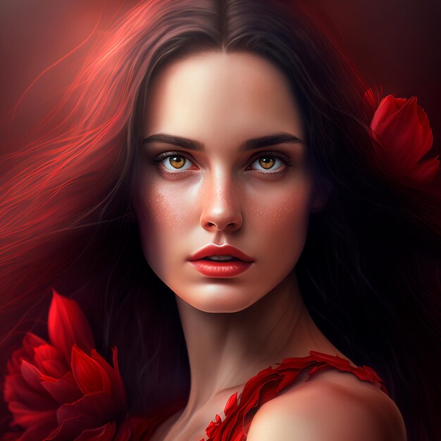 Une femme aux yeux rouges et une robe rouge avec des fleurs rouges sur le visage.