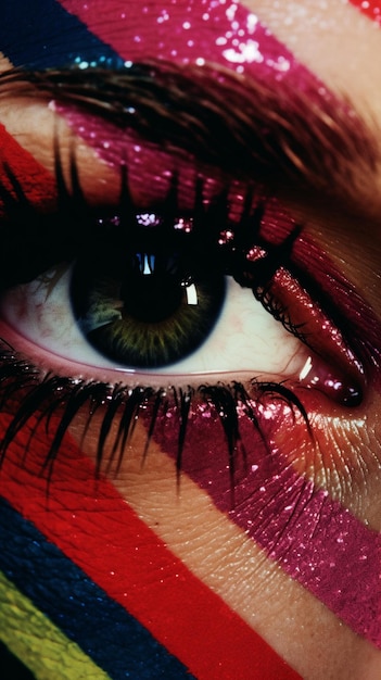 Une femme aux yeux rouges et verts et un œil rouge et noir.