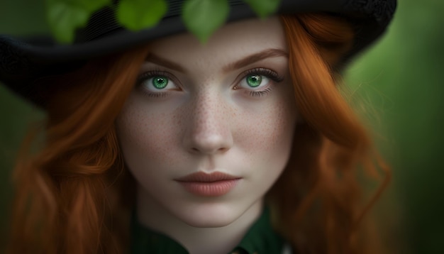 Une femme aux yeux verts et un chapeau aux yeux verts