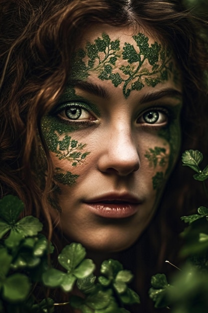 Une femme aux yeux verts et des feuilles vertes sur son visage