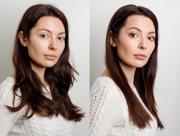 Femme avant et après maquillage le concept de beauté de transformation après avoir appliqué le maquillage avec un