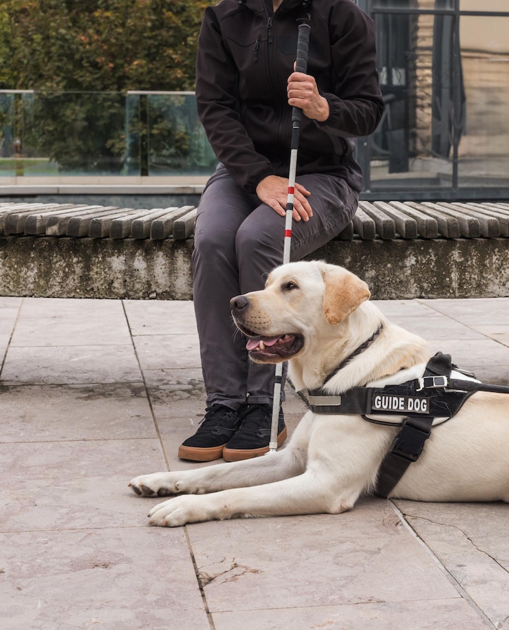 Photo une femme aveugle ou malvoyante se repose avec son chien-guide sur le banc d'un soutien de rue de la ville