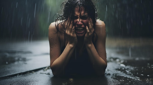 Une femme ayant un moment de décharge émotionnelle dans la pluie battante remplie d'angoisse, d'agonie, de douleur désespérée.