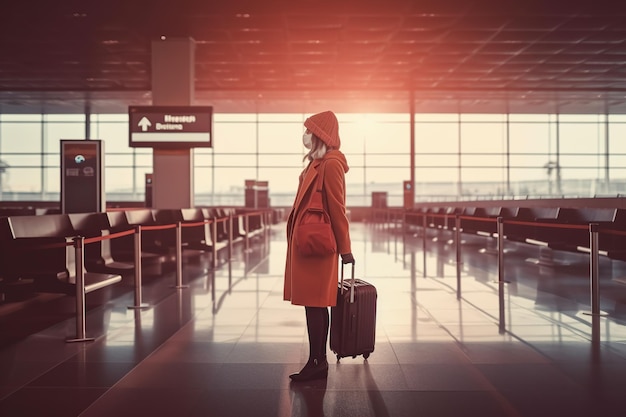 Une femme avec des bagages se tient aux comptoirs d'enregistrement presque vides du terminal de l'aéroport en raison de la pandémie de coronavirus, restrictions de voyage liées à l'épidémie de Covid19, annulation de vol, quarantaine dans le monde entier