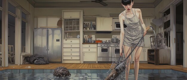 une femme avec un balai est debout dans une cuisine avec un chien sur le sol
