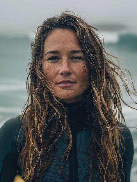 Photo une femme balayée par le vent avec les cheveux flottants sur la plage