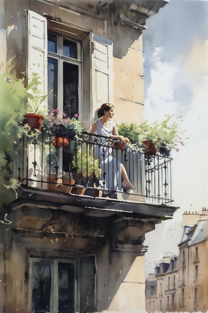 Une femme sur un balcon avec des fleurs sur le balcon