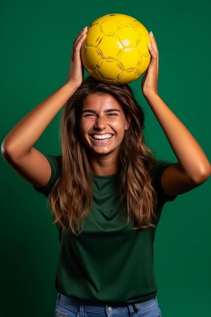 Photo une femme avec un ballon de football sur la tête tient un ballon jaune