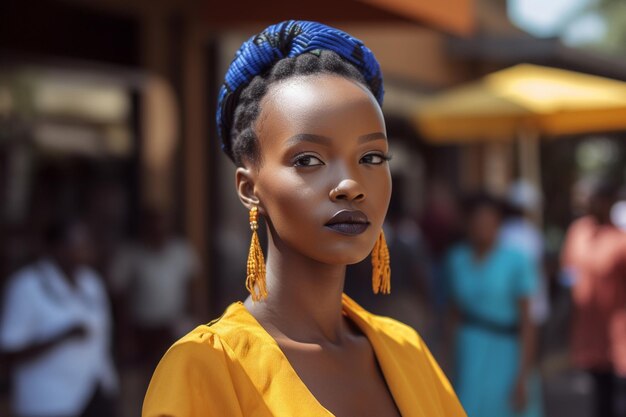 Photo une femme avec un bandeau bleu et une coiffure jaune.