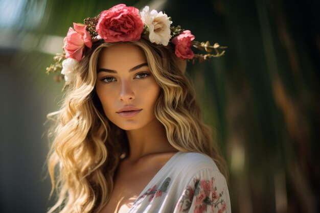 Une femme avec un bandeau fleuri et une couronne de fleurs sur la tête