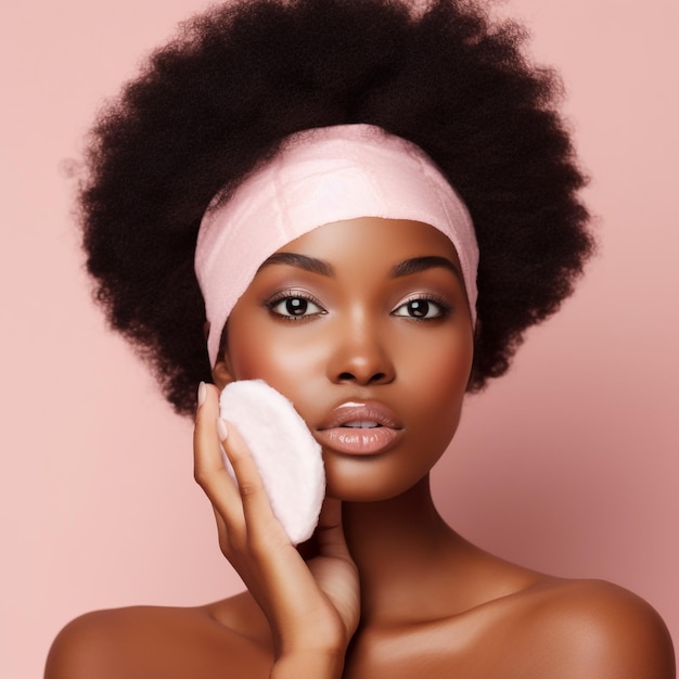 Une femme avec un bandeau rose tient un masque facial de couleur crème sur son visage.