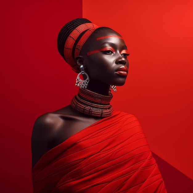 une femme avec un bandeau rouge et une coiffe noire sur fond rouge.