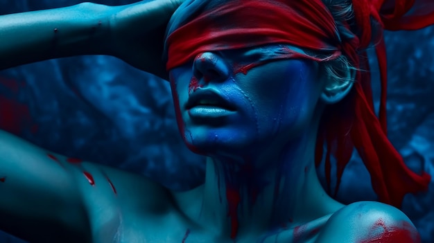 Une femme avec un bandeau rouge sur le visage des liquides bleus sur sa peau comme un festival de couleurs