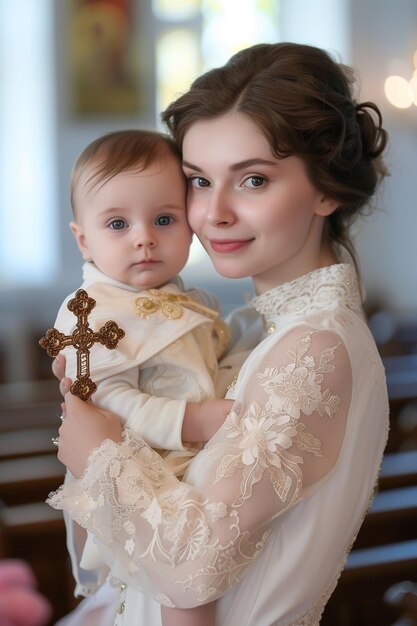 une femme baptise un bébé dans l'église