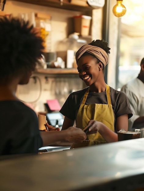 Une femme barista heureuse et un client au café pour le paiement du service ou la commande sur c AI générative