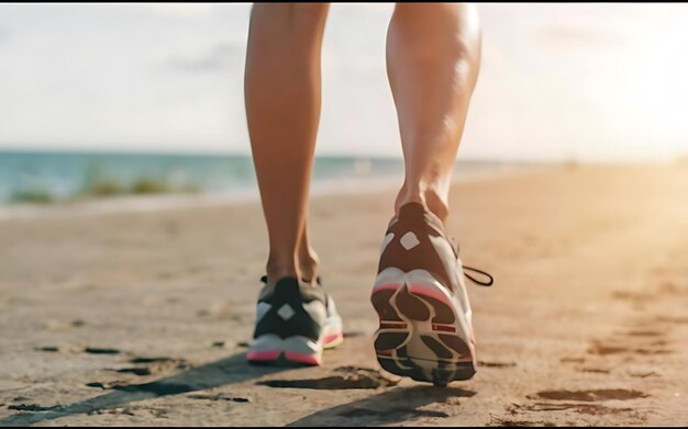 Femme en baskets se promenant sur la plage lors d'un gros plan matinal ensoleillé Jogging d'été sur la plage Image tonalisée