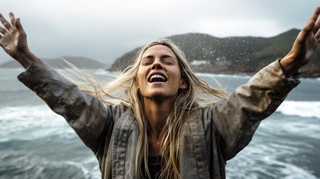 Photo une femme sur un bateau, les bras tendus et les yeux fermés.