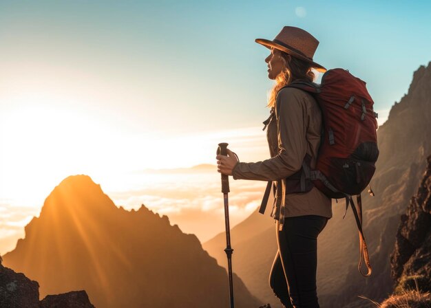 Une femme avec des bâtons de randonnée debout au sommet d'une montagne appréciant la sérénité de la nature ensoleillée