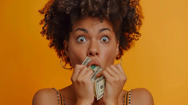 Photo une femme avec beaucoup d'argent dans sa bouche