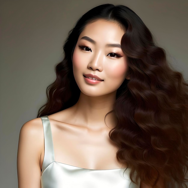 Femme de beauté asiatique cheveux longs bouclés avec maquillage coréen