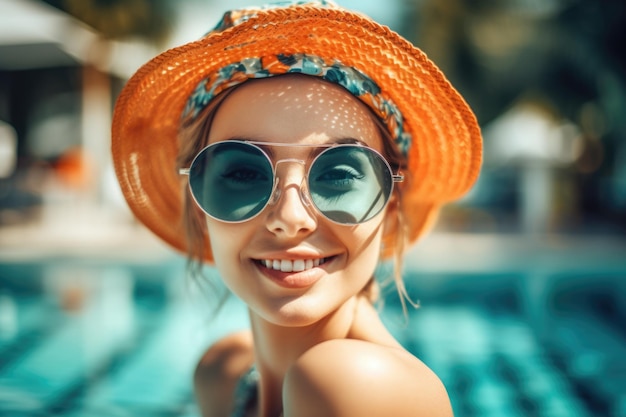 femme de beauté au chapeau et aux lunettes de soleil profitant de ses vacances d'été à la piscine IA générative