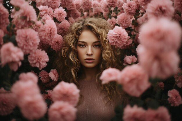 Une femme de beauté gracieuse embrassant des fleurs à pétales roses