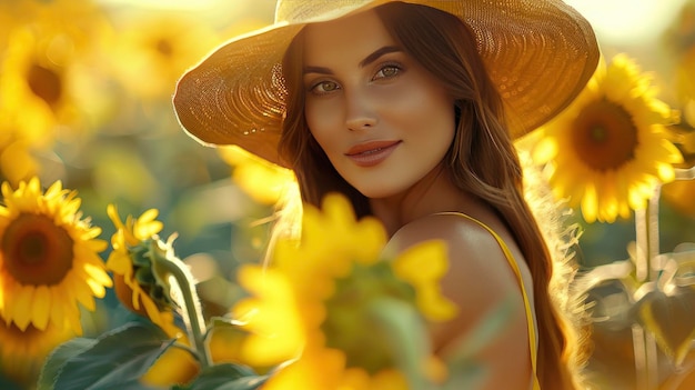 Une femme de beauté rayonnante posant sur une toile de fond de tournesol